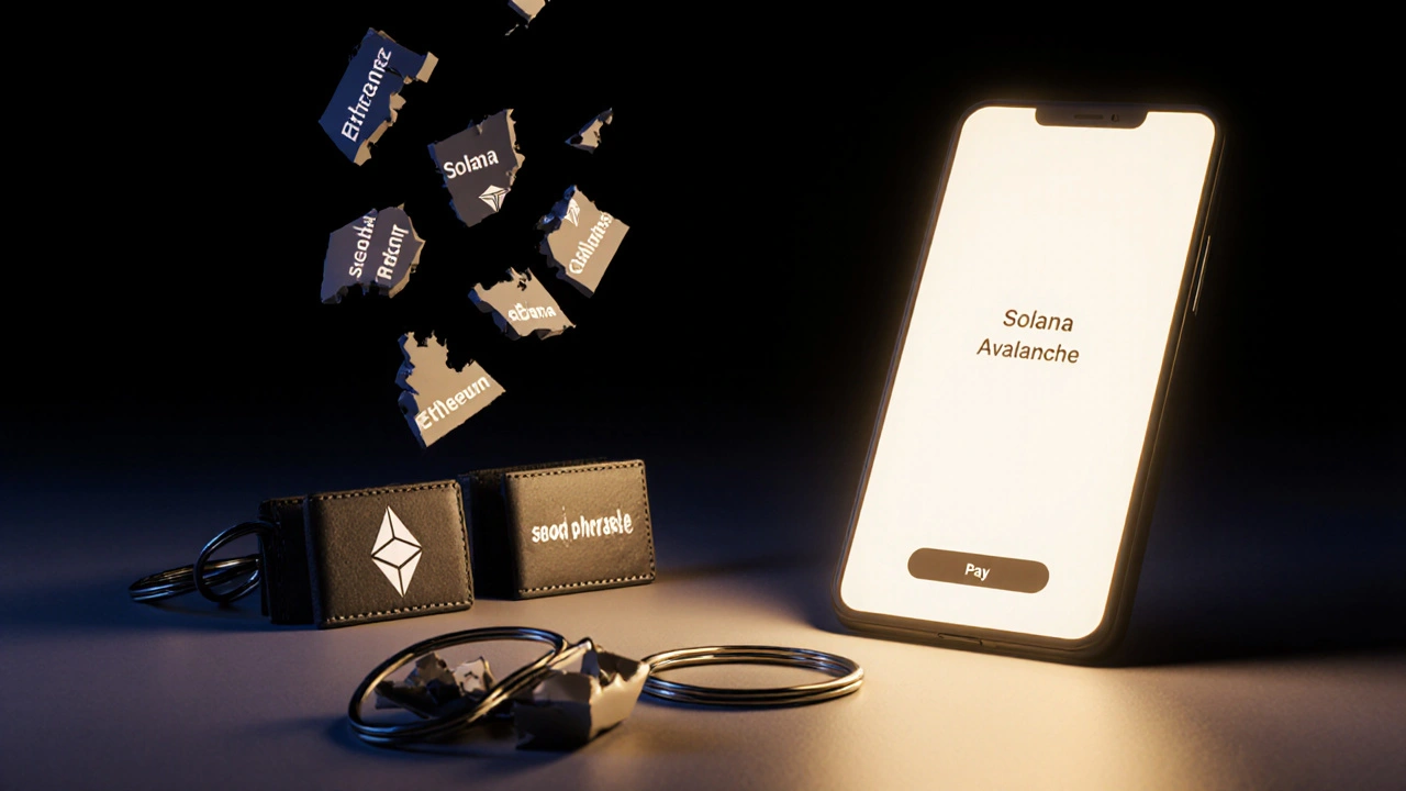 Ein zerbrochener Schlüsselbund mit verschwindenden Seed-Wörtern, neben drei getrennten Wallets, während eine einfache Wallet im Licht leuchtet.