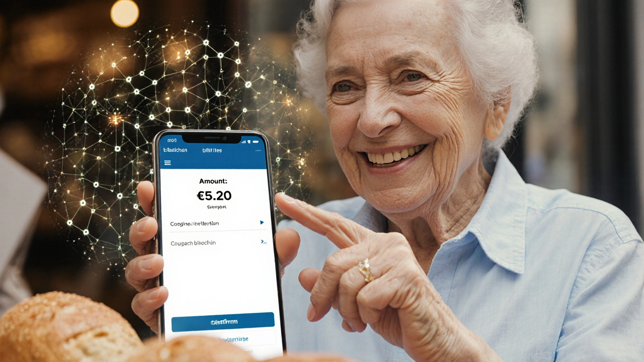 Eine ältere Frau zahlt mit einem einfachen Smartphone-App-Interface in einer Bäckerei, ohne technische Details sichtbar.