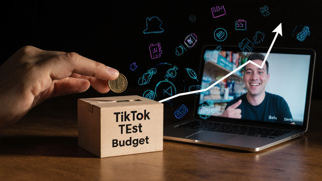 Eine Hand legt einen Euro in eine Box mit &#039;TikTok Test Budget&#039;, während digitale Datenströme steigen.