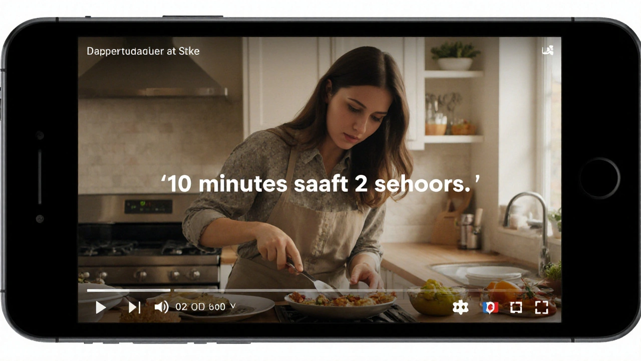 Eine Mutter bereitet schnell ein Essen zu, während sie ein Online-Kochvideo auf ihrem Handy ansieht.