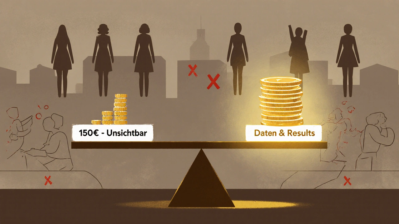 Eine Waage vergleicht ein zu niedriges Werbebudget mit einem effektiven Budget von 300 Euro.