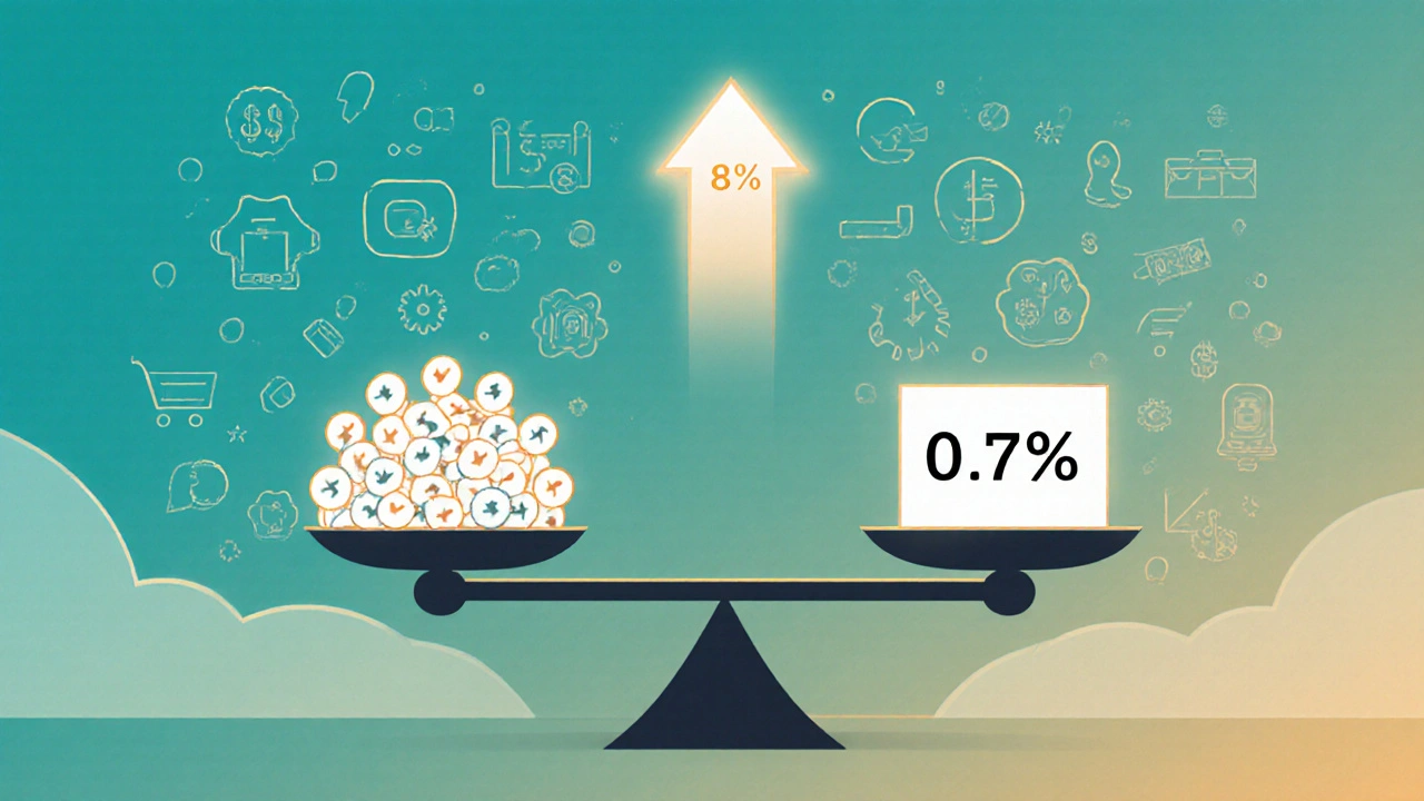 Eine Waage vergleicht hohe und niedrige Klickraten, während eine hohe Konversionsrate nach oben zeigt.