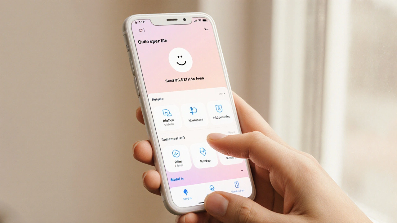 Einfache Mobile-Wallet-Oberfläche mit klaren Knöpfen und verständlicher Sprache, jemand tippt mit einem Lächeln auf den Bildschirm.