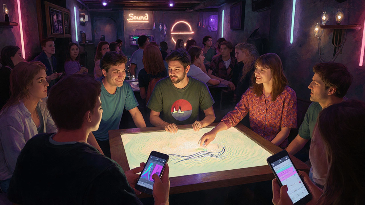 Fans collaboratively remixing music at a meetup, with interactive visuals glowing on walls in a warm, intimate space.