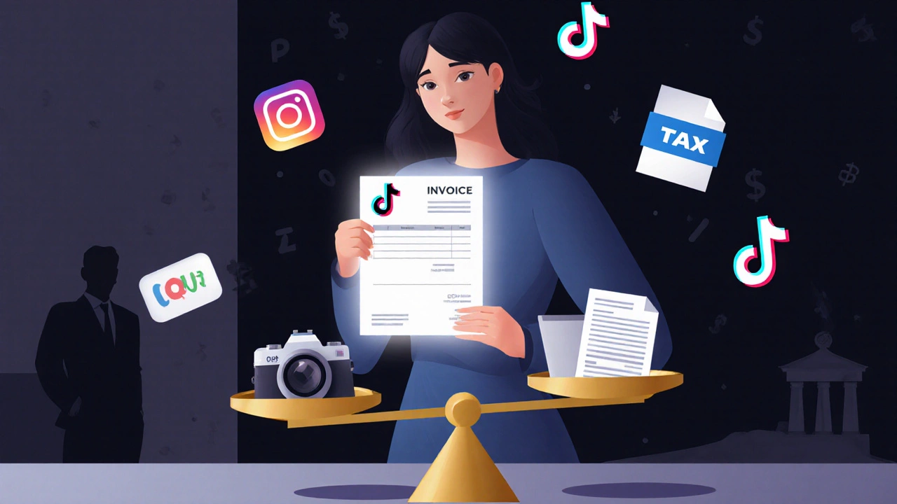 Frau hält eine Rechnung, während Einkommensquellen und Steuerdokumente um sie schweben.