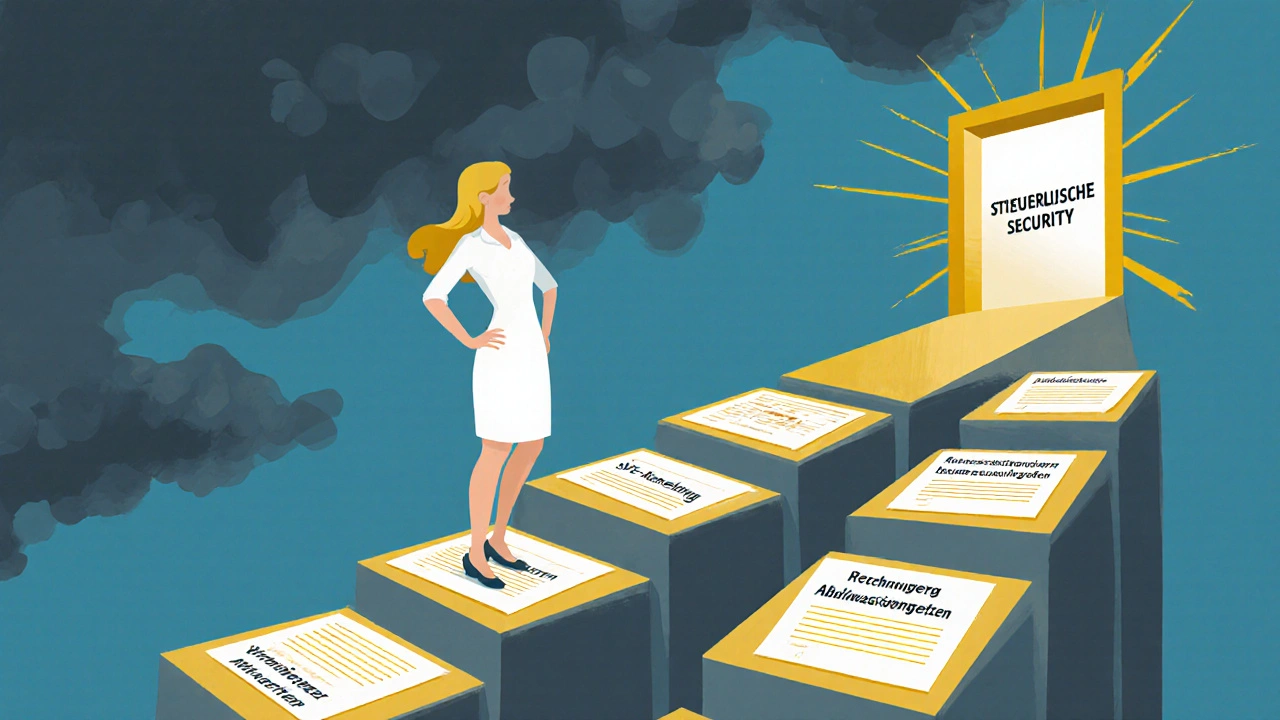 Frau steigt auf einer Treppe aus Steuerdokumenten zu einer Tür mit &#039;Steuerliche Sicherheit&#039;.