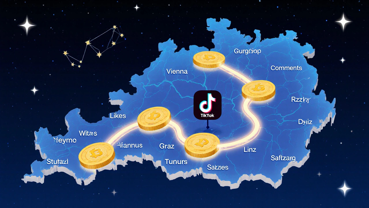 Goldene Münzen verbinden österreichische Städte auf einer Karte zum PayPal-Symbol.