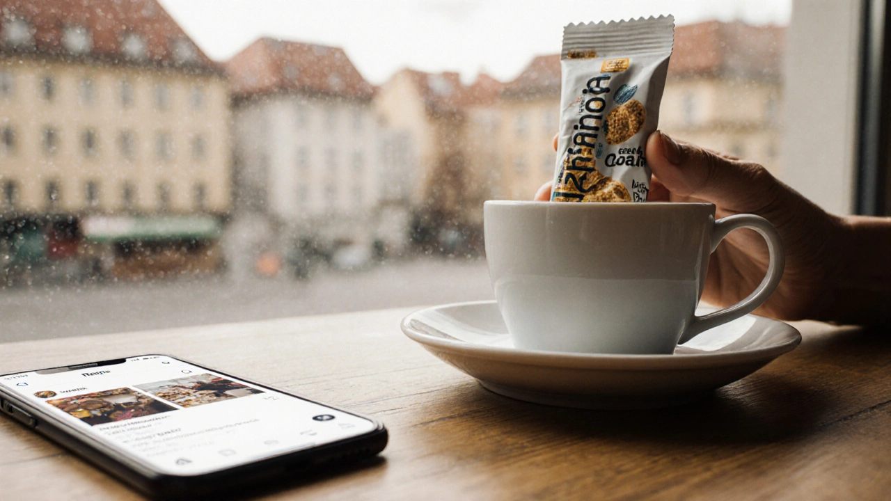Hand legt Bio-Müsliriegel neben Kaffee auf Holztisch, Instagram-Storys und Reels auf dem Bildschirm sichtbar.