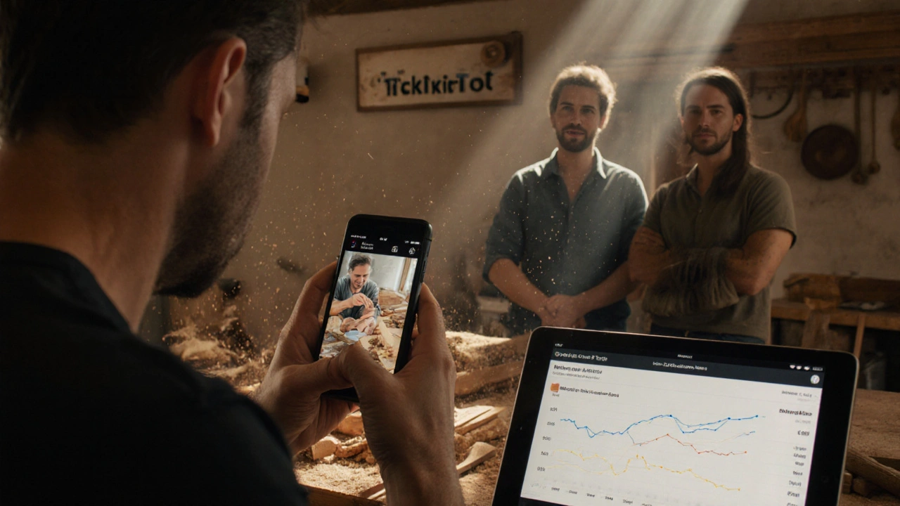 Handwerker in Mühlviertel filmt mit iPhone Holzarbeiten, Sonnenstrahlen durch Staub, Kunden schauen zu.