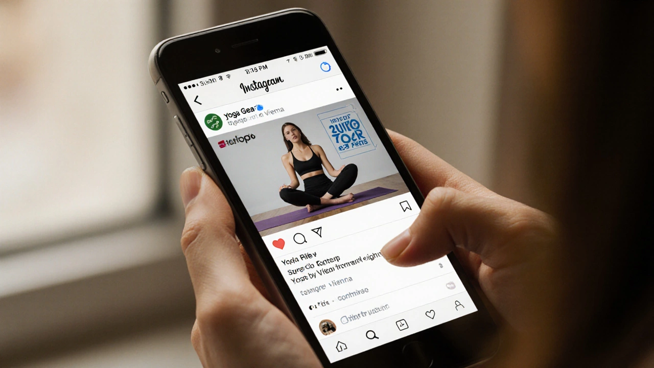 Handy mit gezielter Instagram-Werbung für Yoga-Produkte, gesehen von einer Frau in Wien.