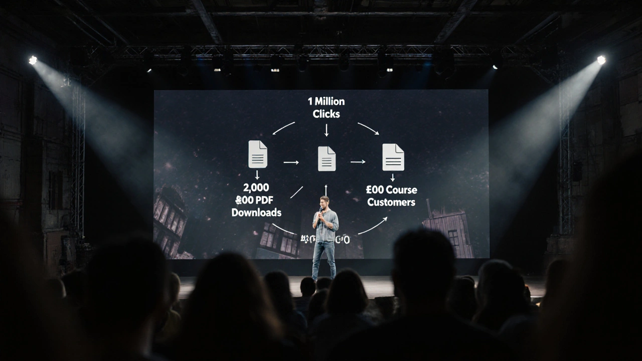 Influencer auf Bühne mit Diagramm, das zeigt, wie 1 Million Klicks zu 48.000 Euro Umsatz führen.