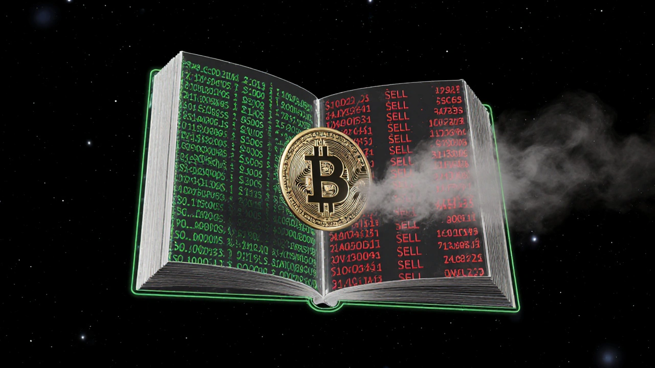 Konzeptuelles Bild eines durchscheinenden Order Books mit verschwindenden Aufträgen und einer zentralen Bitcoin, symbolisch für Marktmanipulation und Liquidität.