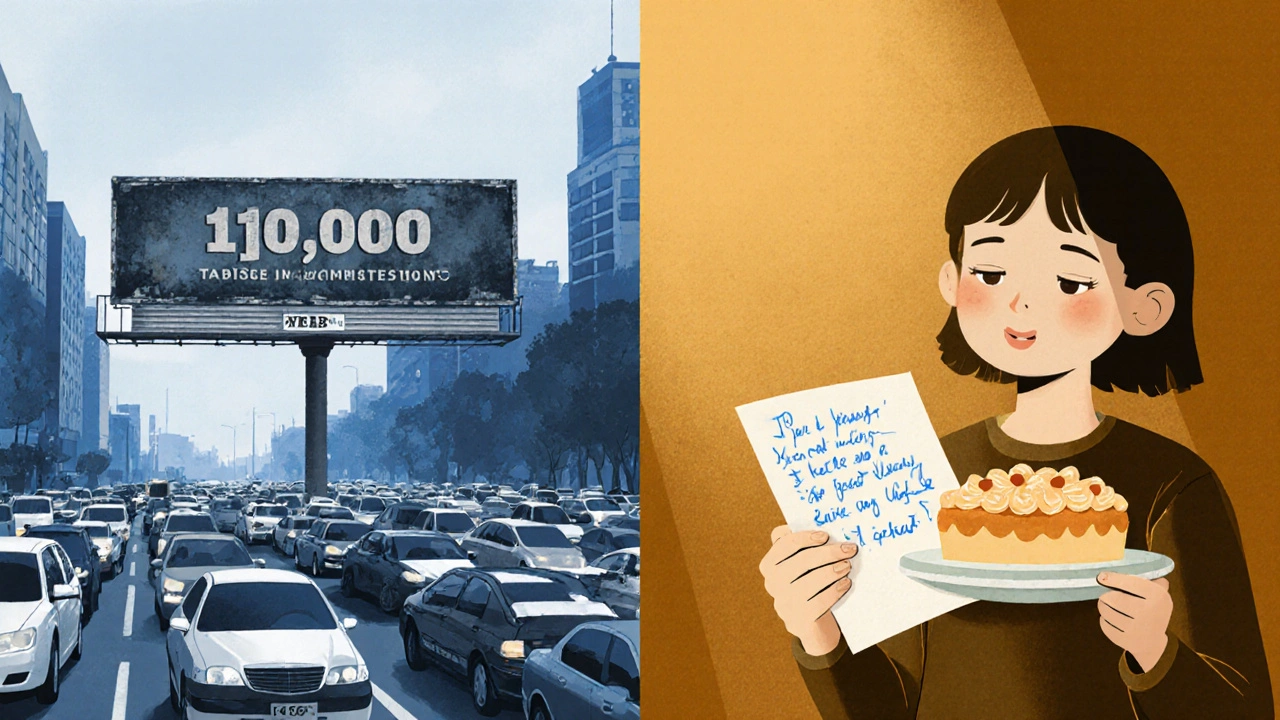 Linie von Autos vor einem Werbeschild – niemand schaut hin; ein einzelner Kunde nimmt einen Kuchen entgegen.