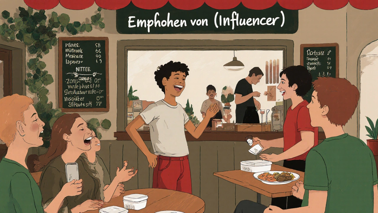 Lokales Café in Salzburg mit Kunden, die Fotos machen, während der Influencer mit dem Besitzer spricht.