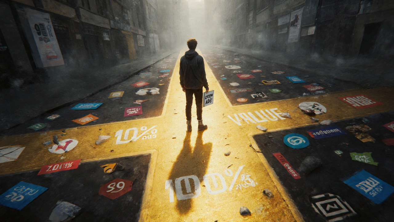 Mensch an einer Kreuzung: Weg der Wertschätzung leuchtet golden, Weg der Werbung ist düster und leer.