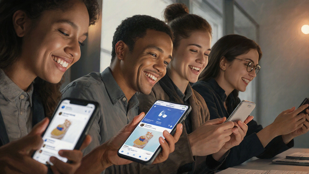 Menschen in Österreich schauen auf ihre Handys und interagieren mit einem Facebook-Video, echte Emotionen im Gesicht.