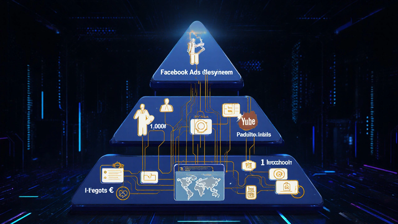 Pyramide mit drei Budgetstufen, die verschiedene Facebook-Ads-Dienstleistungen und Teams darstellt.