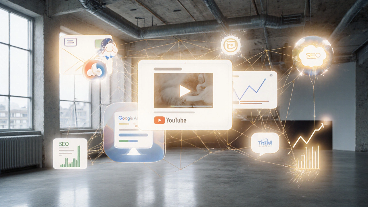 Sieben digitale Marketingkanäle sind durch goldene Linien miteinander verbunden.