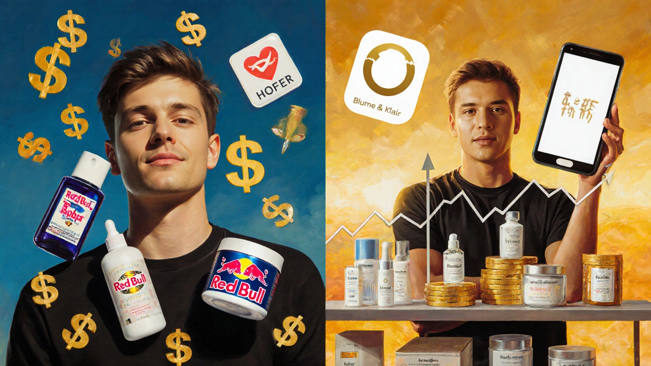 Split-Bild: Influencer zwischen Werbung und eigenem erfolgreichen Produkt.