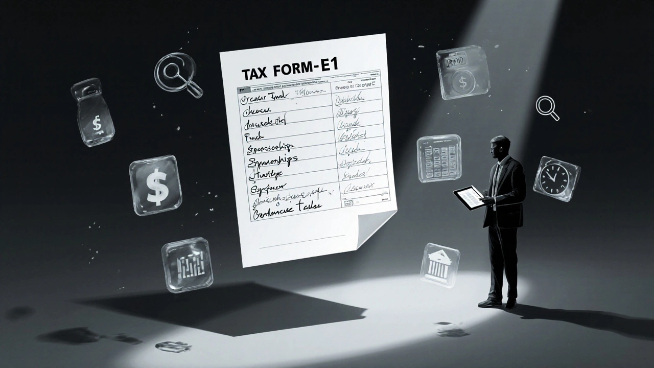 Steuerformular E1 mit digitalen Symbolen und Schatten einer Steuerbehörde in einem symbolischen Szenario.