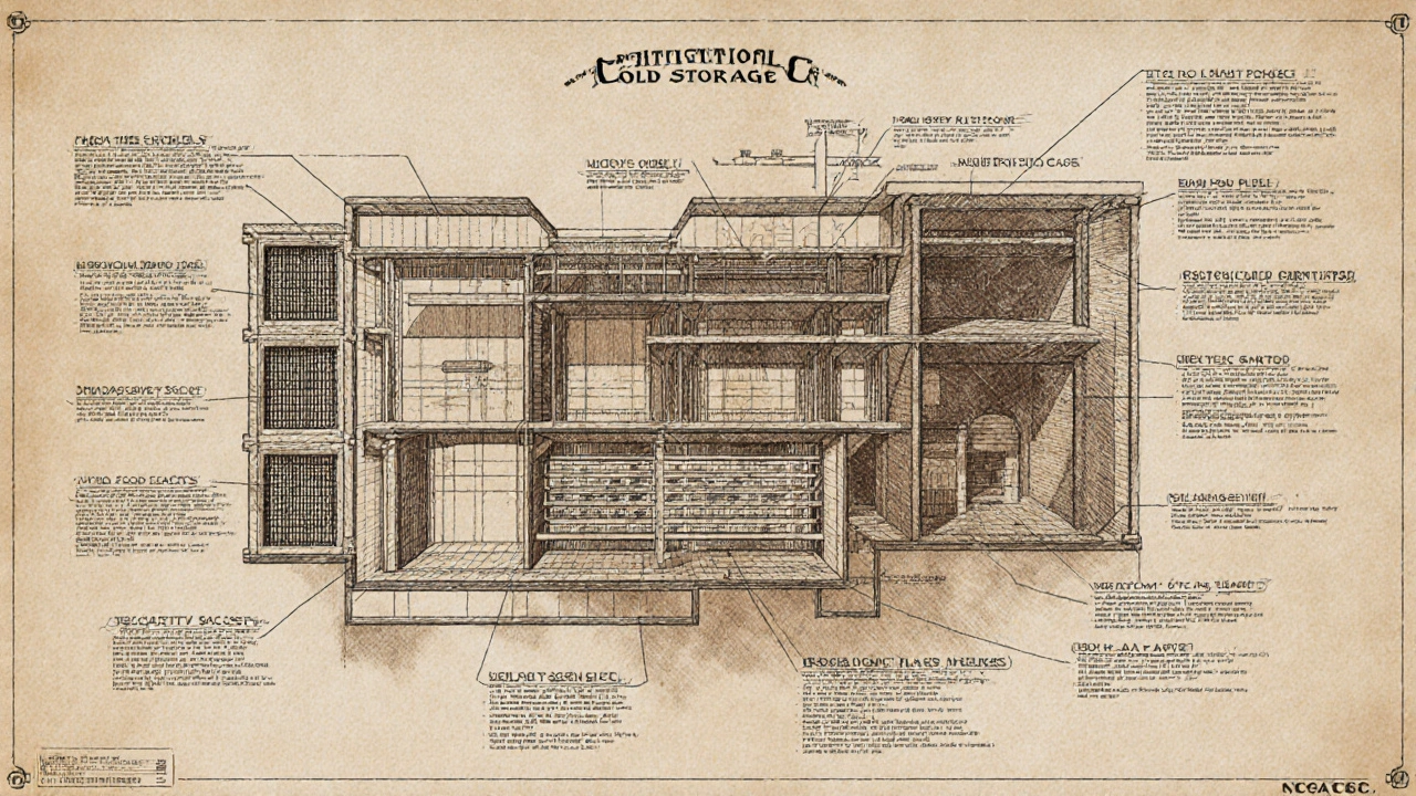 Technische Zeichnung eines unterirdischen Kaltlager-Bunkers mit Schutzschichten und Redundanzen im Vintage-Stil.