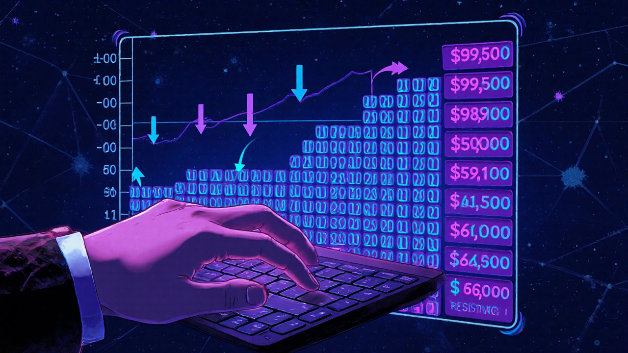 Tiefendiagramm eines Kryptomarktes mit klaren Support- und Widerstandsebenen, visualisiert als dynamische Preisbewegung zwischen Aufträgen.