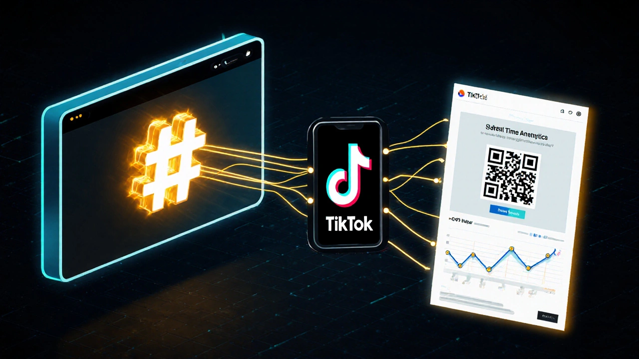 Vernetzte Marketing-Kanäle: TV, TikTok, QR-Code und Landing Page mit Datenströmen.