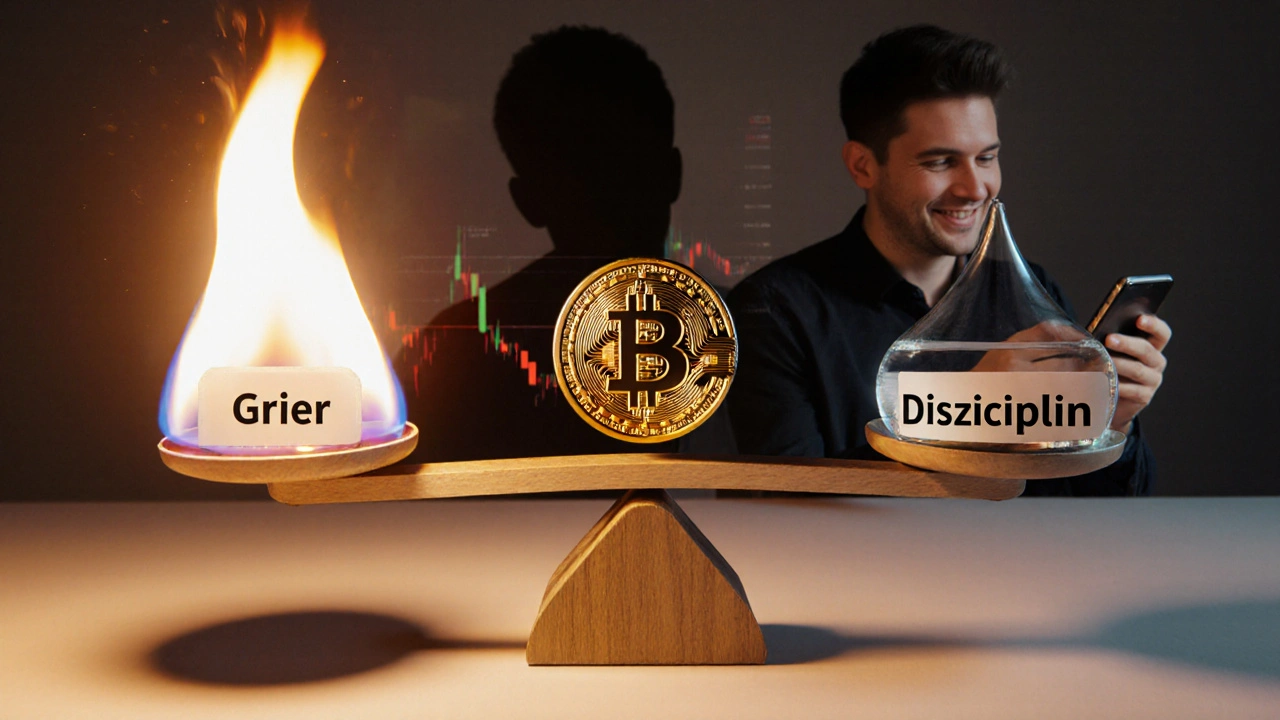 Waage mit Gier und Disziplin, Bitcoin in der Mitte, psychologische Balance bei Krypto-Investitionen.