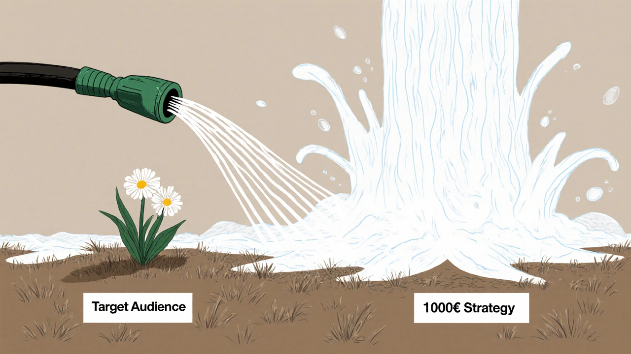 Wasserschlauch-Gießkanne-Metapher: gezielt bewässertes Beet vs. überflutetes trockenes Feld