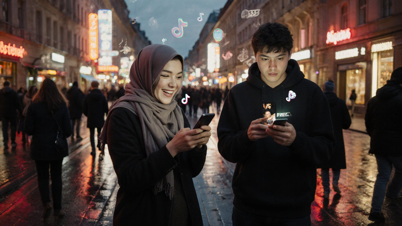 Wiener Straße bei Dämmerung, Menschen verschiedener Altersgruppen schauen auf ihre Handys, ein Weinbauer zeigt Wein aus dem Fass.