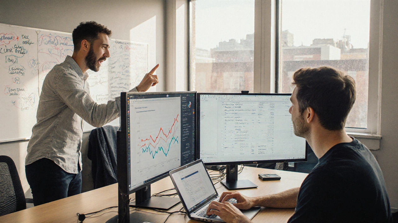 Young marketers analyzing live social media analytics in a San Francisco coworking space.