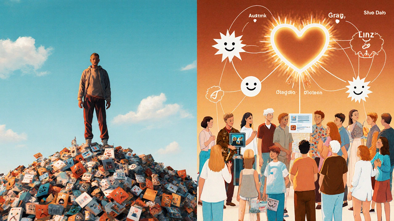 Zwei Gegensätze: Einzelgänger mit Fake-Followern vs. echte Community in Österreich.