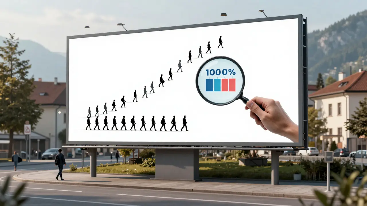 100.000 Passanten gehen an einer Werbebillboard vorbei, während eine Person Conversions analysiert.