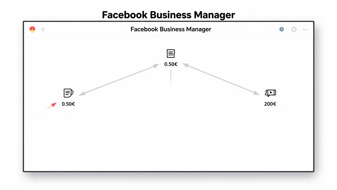 Abstrakte Darstellung des kostenlosen Business Managers mit versteckten Werbekosten als Pfade.