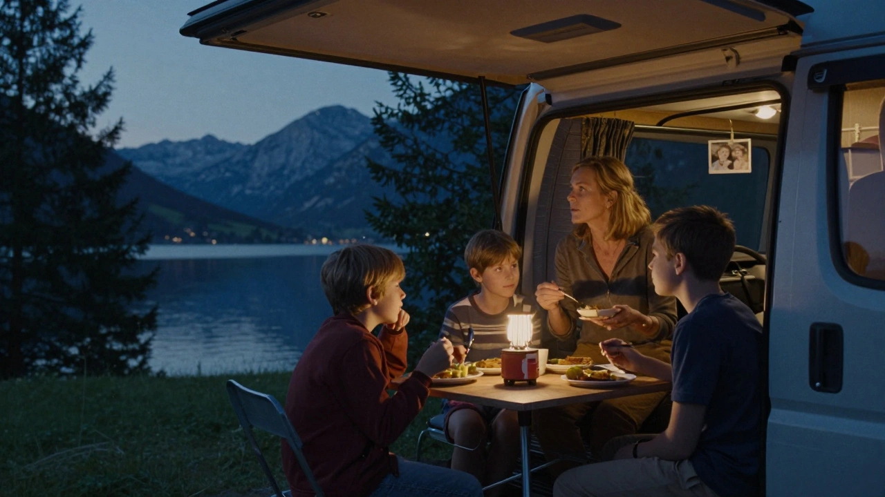 Alleinerziehende Mutter mit Kindern im Wohnmobil am See bei Dämmerung, stiller Moment unter Sternen.