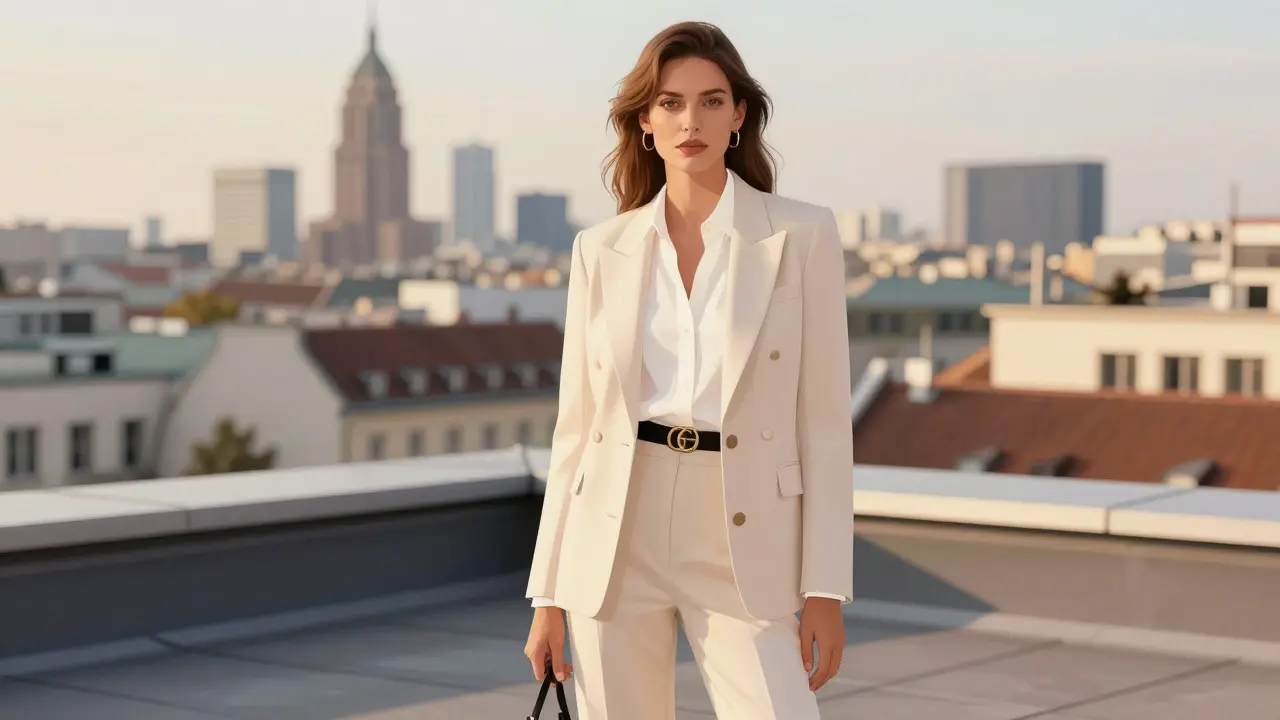 Anna-Maria Sauer auf einem Dach in Wien, elegant gekleidet, mit städtischem Panorama.