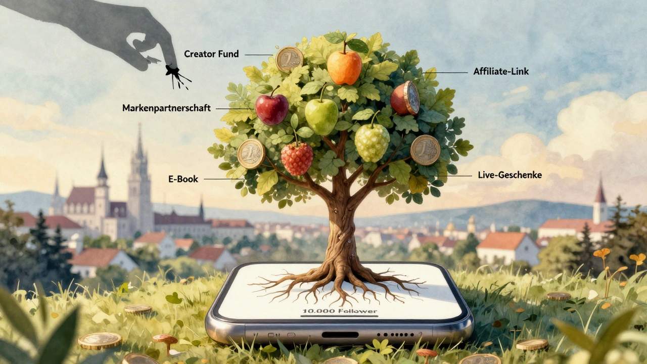 Baum aus Smartphone wächst mit Einkommensquellen als Früchte, Creator Fund verdorrt im Hintergrund.