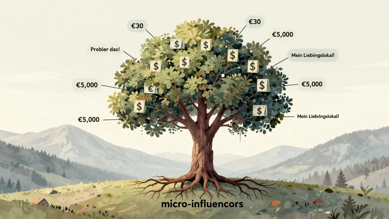 Baum mit Preiswerten als Äste, umgeben von echten Kommentaren, Symbol für authentische Reichweite.