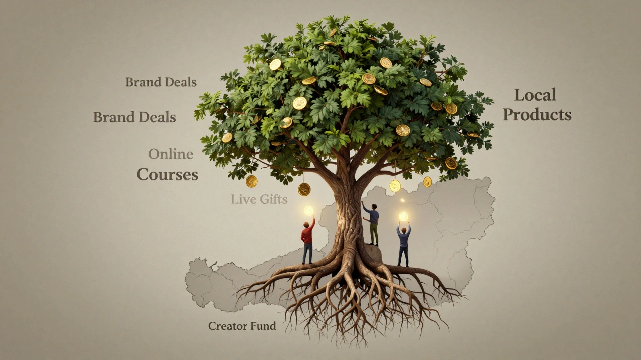 Baum mit Wurzeln des Creator Funds und Zweigen für alternative Einkommensquellen, wachsend aus einer Karte Österreichs.