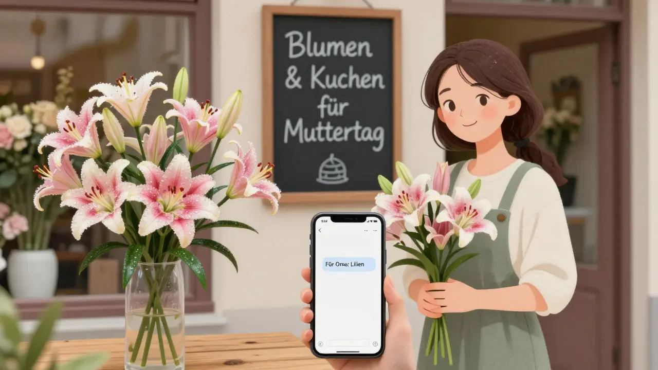 Blumenladen in Graz mit Lilien und Smartphone, das eine persönliche Kommentar-Anzeige zeigt.