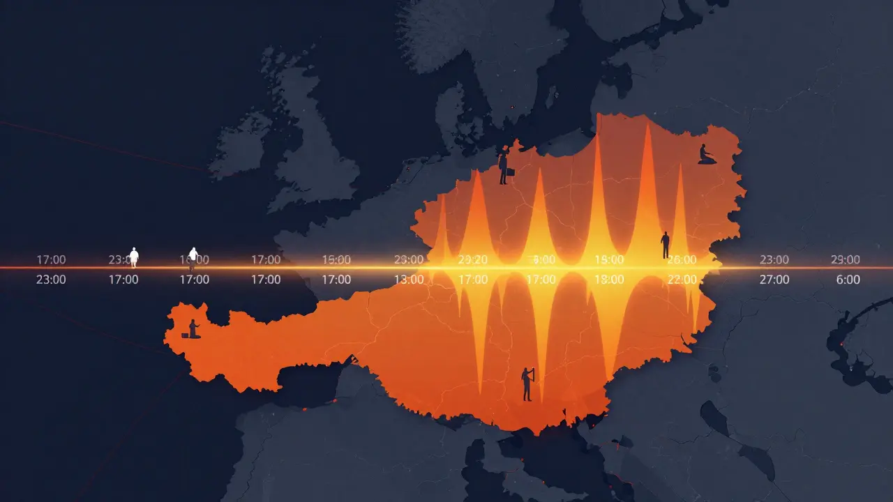 Digitaler Algorithmus zeigt Aktivitäts-Pulse in Österreich: starke orangene Wellen von 17-23 Uhr, dunkle Zone von 23-6 Uhr.