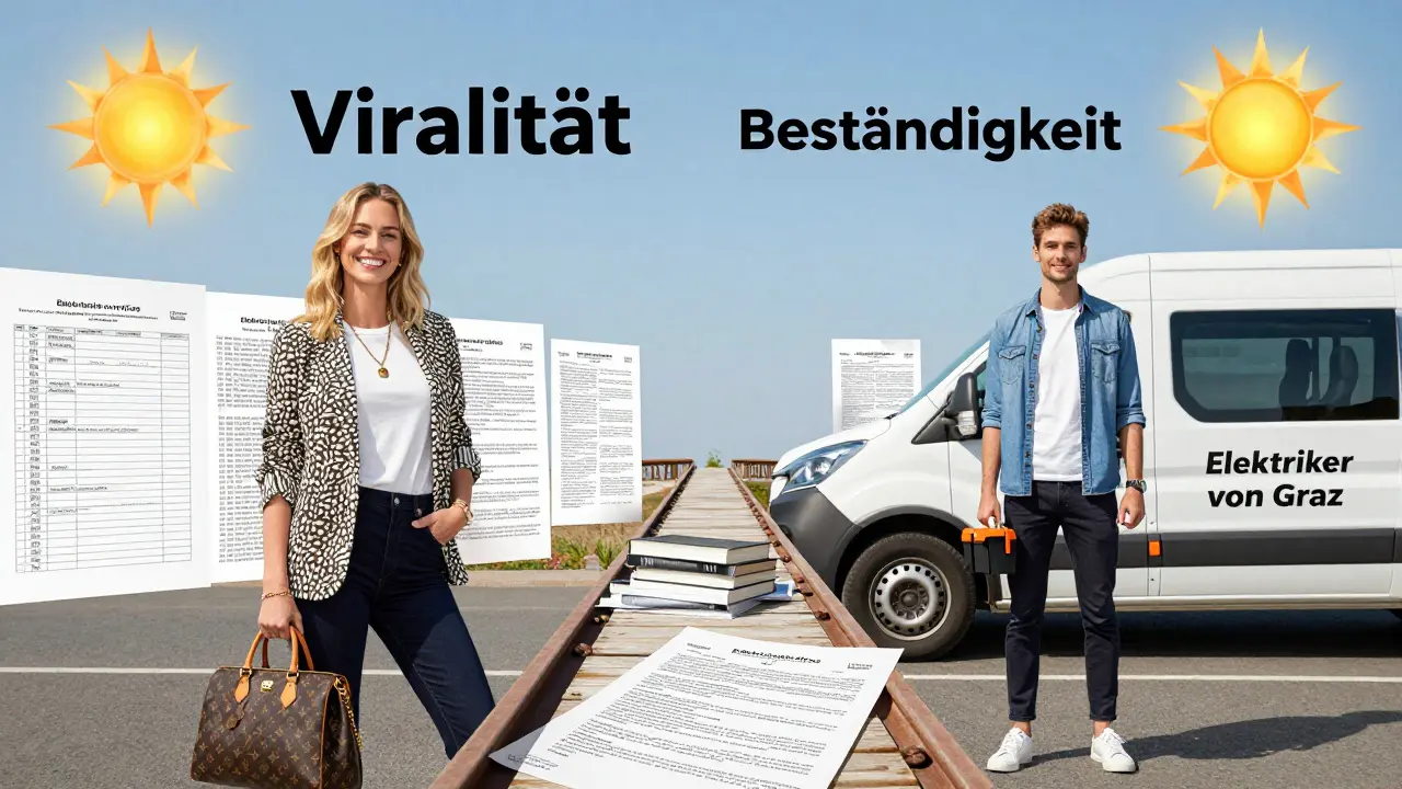 Doppelporträt eines Influencers als Luxus-Content-Creator und als Elektriker — verknüpft durch Verträge und E-Books.