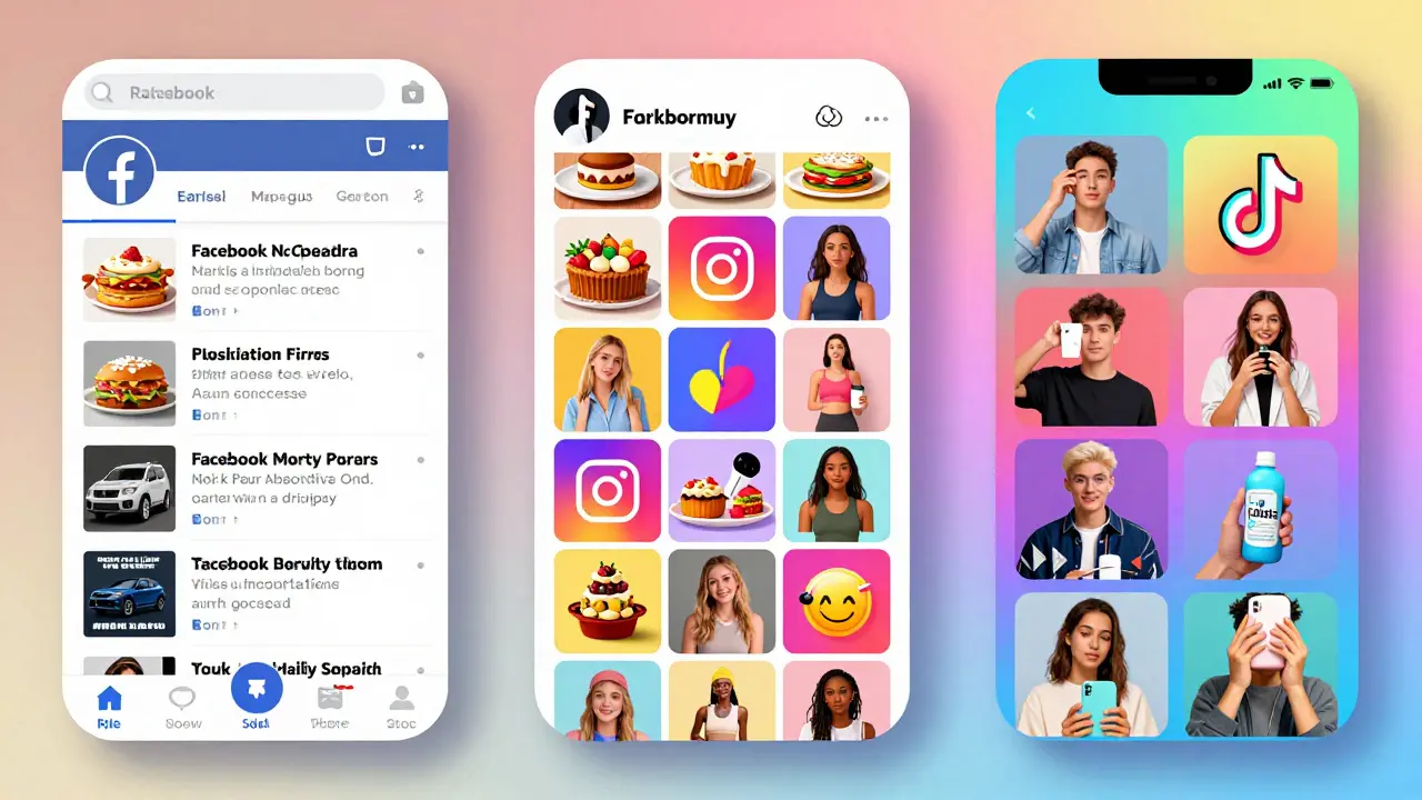 Drei digitale Plattformen – Facebook, Instagram und TikTok – dargestellt als visuelle Landschaften mit unterschiedlichem Stil.