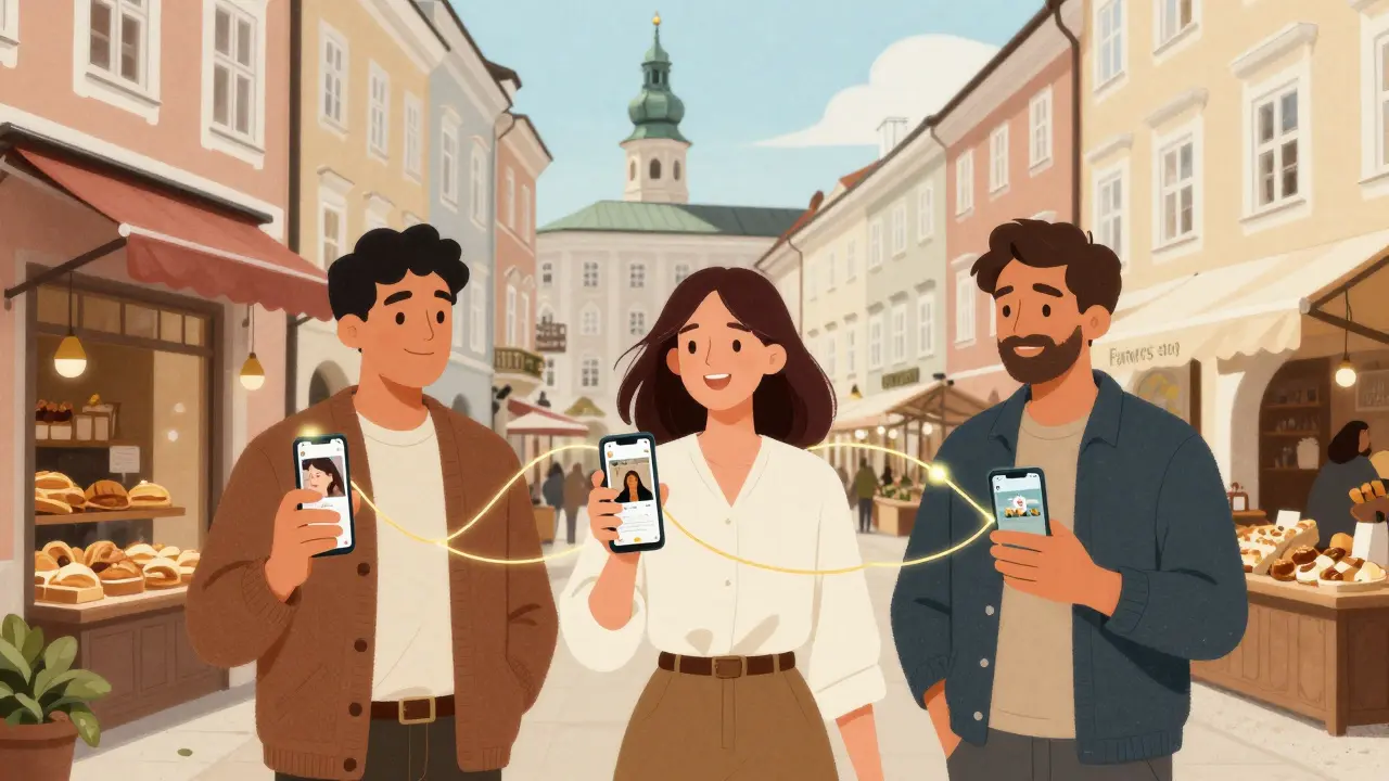 Drei Mikro-Influencer in lokalen österreichischen Settings mit Instagram-Storys auf ihren Handys.