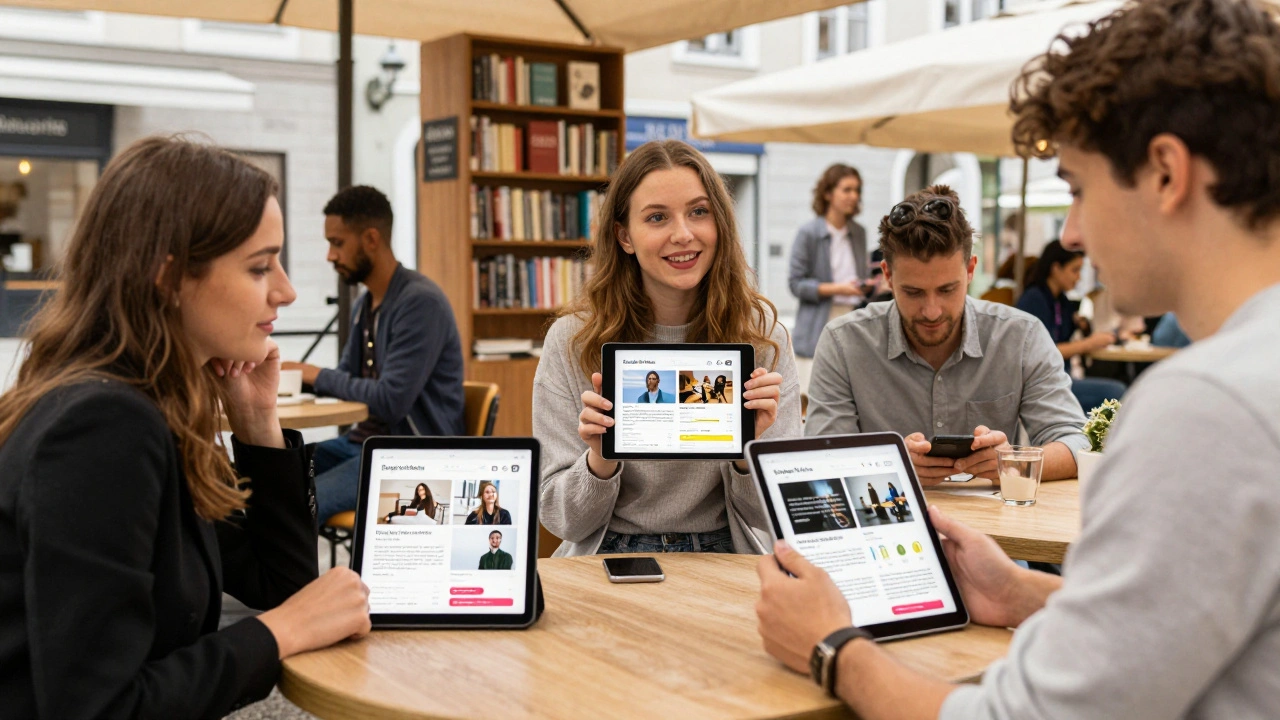 Drei österreichische TikTok-Creator in urbanen Settings mit Medienkits und subtilen Markenlogos.