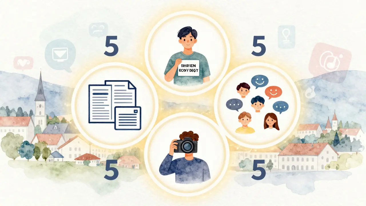 Drei verbundene Kreise mit Symbolen für andere, eigene und Community-Inhalte, in sanften Wasserfarben.