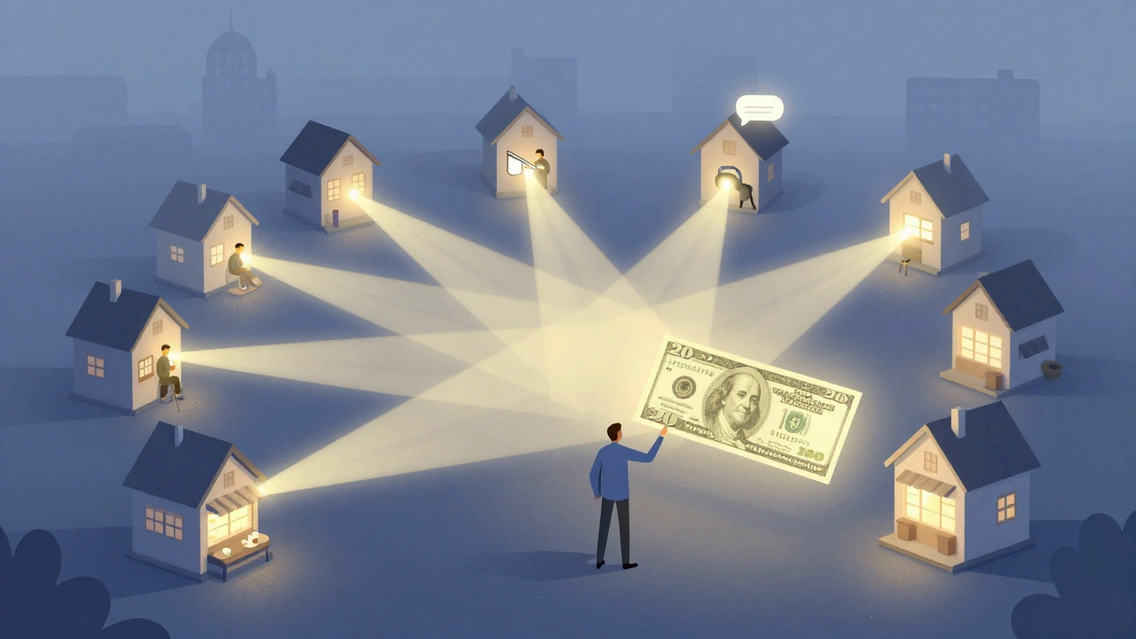 Ein 20-Dollar-Schein verwandelt sich in Lichtstrahlen, die lokale Kunden in einer Stadt erreichen.