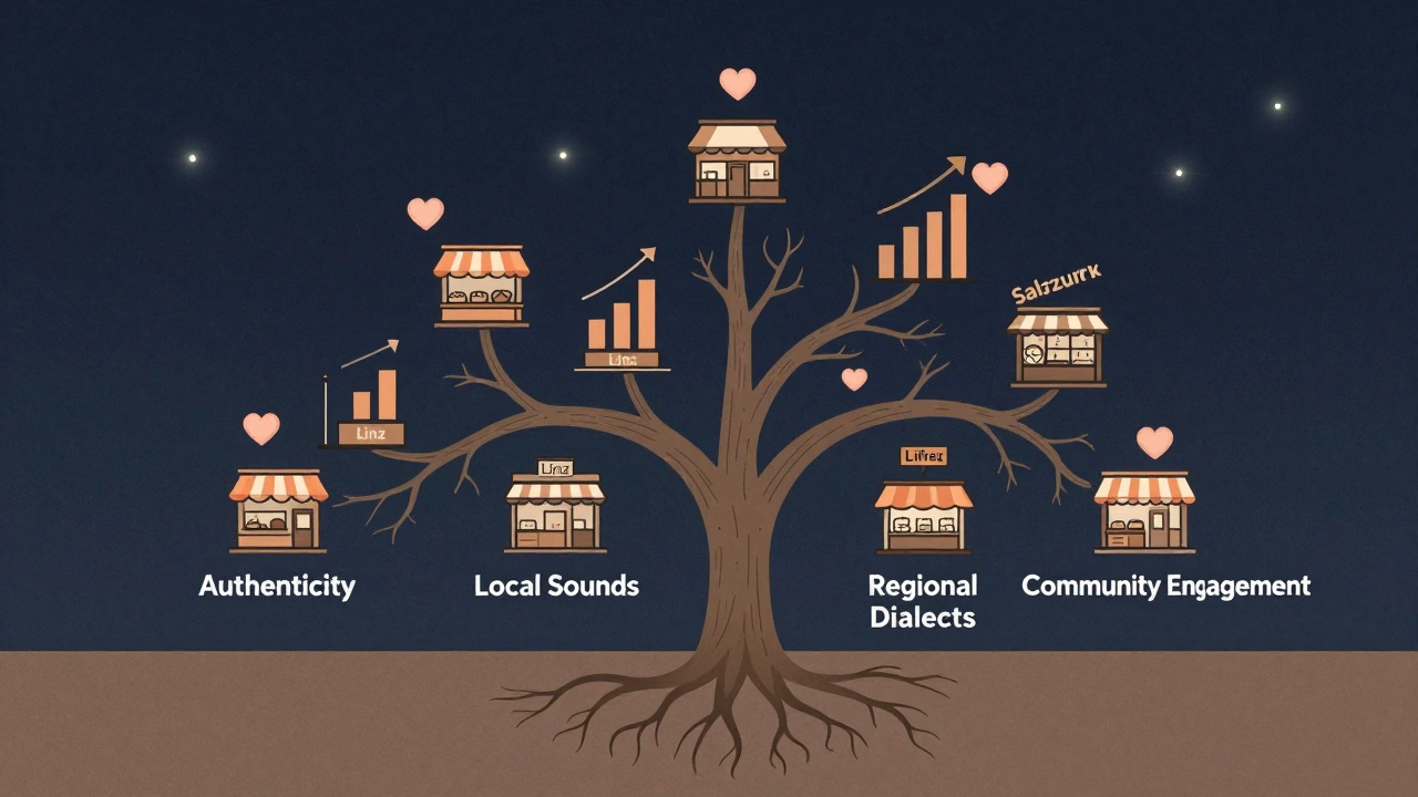 Ein algorithmischer Baum mit Wurzeln aus Authentizität und regionalen Elementen, verzweigt zu österreichischen Kleinunternehmen mit wachsenden Zahlen.