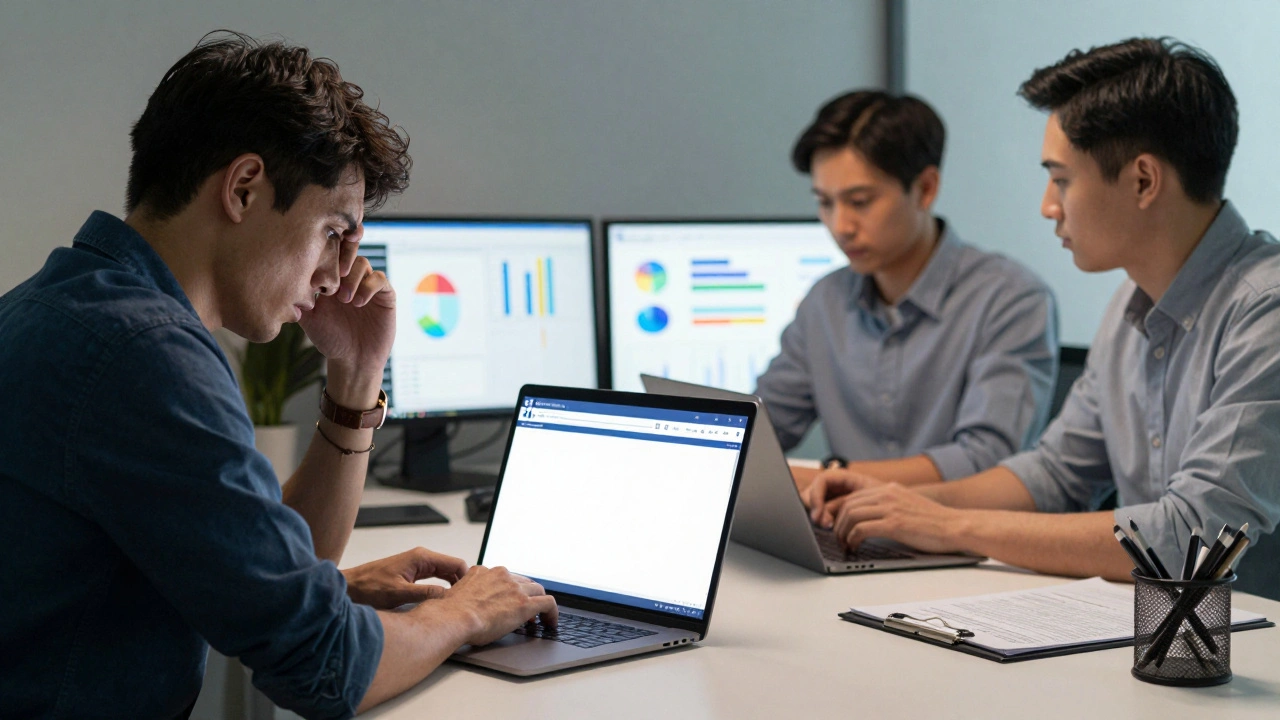 Ein Geschäftsinhaber sieht erfolglose Anzeigen, während ein Agenturteam erfolgreich Daten analysiert und Kampagnen optimiert.