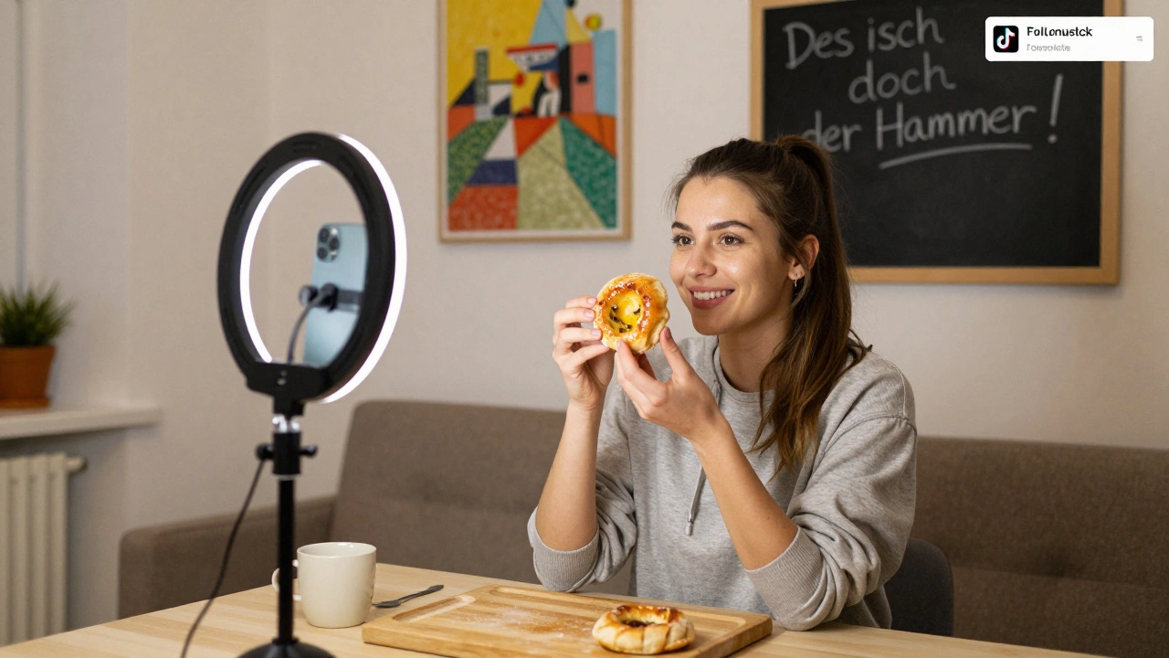 Eine junge Frau filmt ein selbstgemachtes Gebäck in ihrem Wiener Wohnzimmer mit einfachem Licht und dialektalen Sprüchen an der Wand.